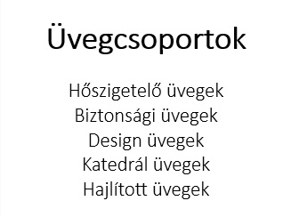 üvegcsoportok üvegtípusok hőszigetelt biztonsági design katedrál hajlított edzett ragasztott stopsol antisol napvédő víztiszta savmart kétrétegű háromrétegű üvegek